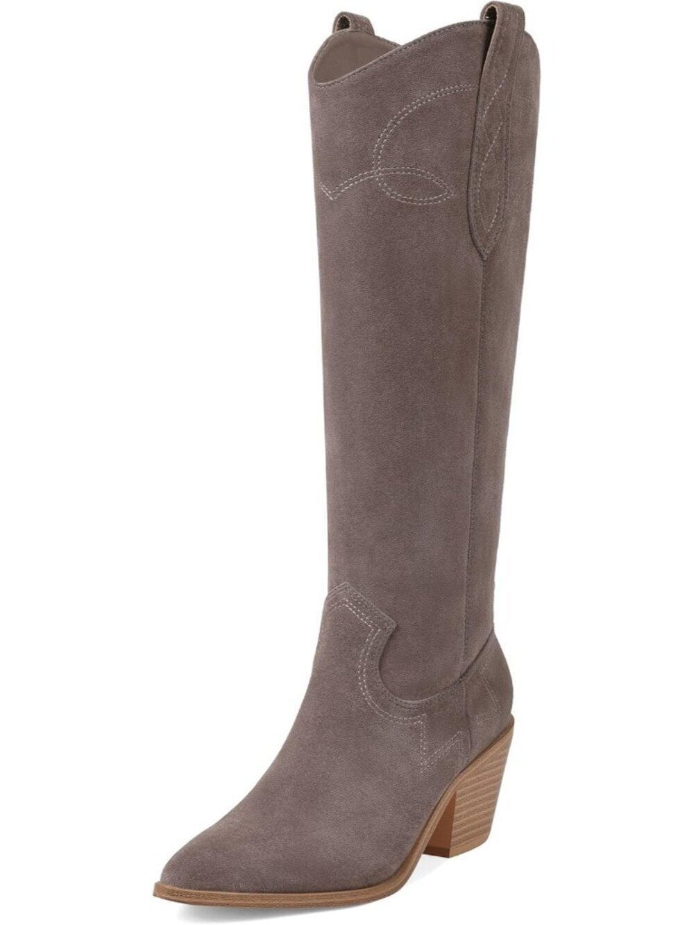 Women Grey Knee High Cowboy Western Pointed Toe Block Heel Long Boot